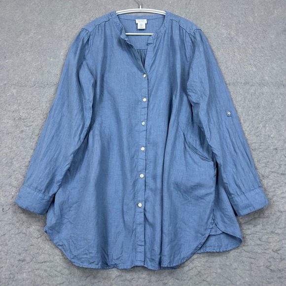 Sigrid Olsen Top Women's Large Blue 100% Linen Blouse Roll Tab Pockets Popover - Picture 1 of 8
